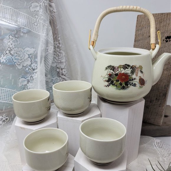 Vintage Teapot with 4 Cups Floral & Birds Japan - Picture 7 of 9